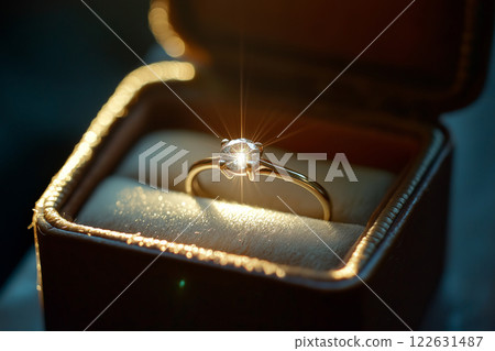 Elegant diamond engagement ring in gold setting, displayed in a box. A stunning diamond ring in a gift box, symbolizing love, commitment, and celebration. Luxury jewelry closeup 122631487
