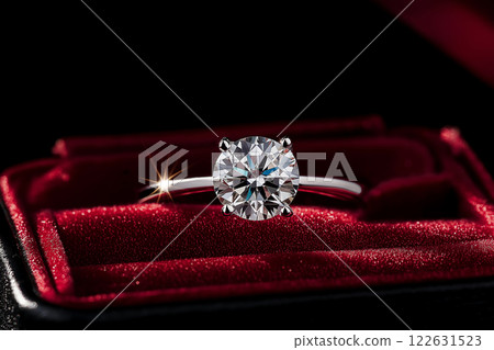 Elegant diamond engagement ring in a white gold setting, displayed in a box. A stunning diamond ring in a gift box, symbolizing love, commitment, and celebration. Luxury jewelry closeup 122631523