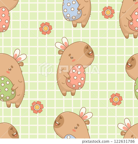 Easter Seamless pattern. Funny capybara in bunny ears with paschal polka dots egg on green checkered background with flowers. Holiday cartoon kawaii character. Vector illustration 122631786
