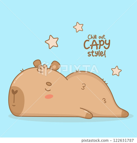 Cute lying sleeping Capybara. Funny cartoon kawaii character. Vector illustration. Card with cool slogan. Kids collection. 122631787