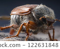 Detailed macro photo of a cockchafer beetle May bug. Close-up view of its intricate features. Wildlife and nature photography. Perfect for scientific or educational use. 122631848