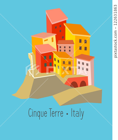 Coloured buildings in mountains of Italy. Cinque Terre sights and buildings in Liguria. Traditional Mediterranean landmark. Italy and tourism. Isolated illustration on blue background.  122631863