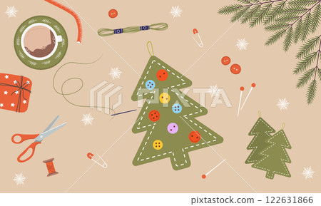 Felt Christmas Tree from fabric, green threads, jute. Top view on workplace. Process of handmade toys. DIY holiday decorations. Vector illustration in flat cartoon style 122631866