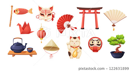 Japan set with traditional elements bonsai tree, koinobori flag, fun, maneki neko cat, origami crane and teapot with tea cups isolated on white background. 122631899