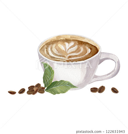 Watercolor composition with cup of coffee with pile roasted coffee beans and two green leaves Watercolor composition with cup of coffee with pile roasted coffee beans and two green leaves 122631943