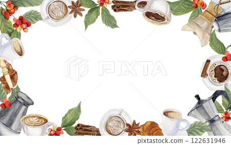 Watercolor frame with coffee illustrations on the contour of coffee mugs, beans, coffee makers, croissants 122631946