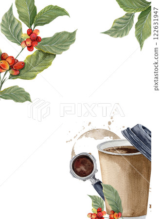 Watercolor vertical frame of hand drawn illustrations of coffee cup, holder, coffee branches with beans and coffee stains 122631947