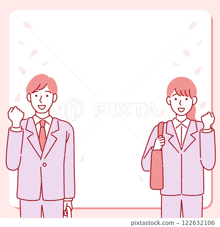 A simple and pop illustration of new graduates in suits and a cherry blossom-colored vector frame 122632106