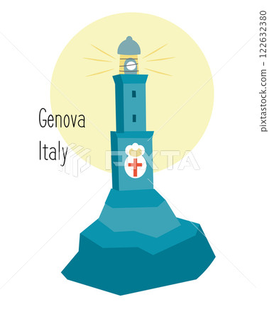 Lighthouse of Genoa, La Lanterna di Genova, sights and buildings in Liguria. Traditional Mediterranean landmark. Italy and tourism. Isolated illustration on white background.  122632380
