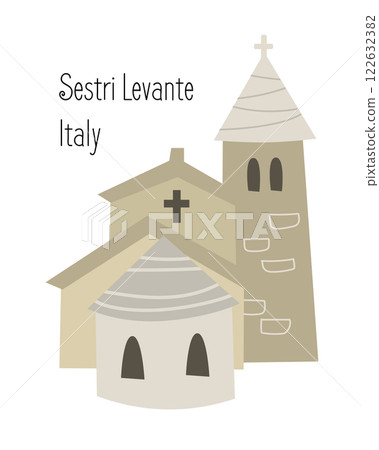 Church of saint Nicola, sights and buildings in Liguria. Traditional Mediterranean landmark. Italy and tourism. Isolated illustration on white background.  122632382