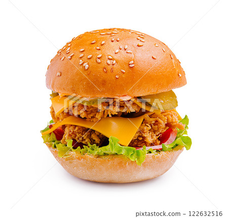 Delicious sesame seed bun sandwich with crispy fried chicken, cheese, and fresh vegetables Delicious sesame seed bun sandwich with crispy fried chicken, cheese, and fresh vegetables 122632516