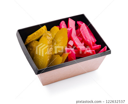 Colorful pickled vegetables served in a black container highlighting traditional flavors and freshness 122632537