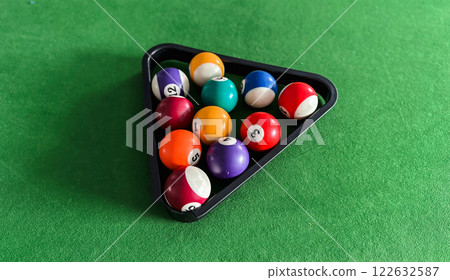 A black triangular tray with nine balls on it. The balls are numbered 1 through 9. 122632587