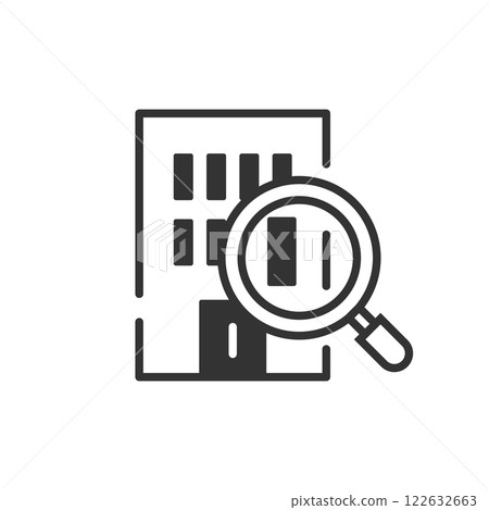 Vector icon of a company and a magnifying glass that can be used for competitive research and screening (line drawing, black and white) Vector icon of a company and a magnifying glass that can be used for competitive research and screening (line drawing, black and white) 122632663