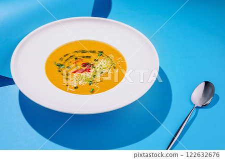 Creative presentation of vibrant soup on a bright blue background highlights culinary artistry and fresh ingredients 122632676