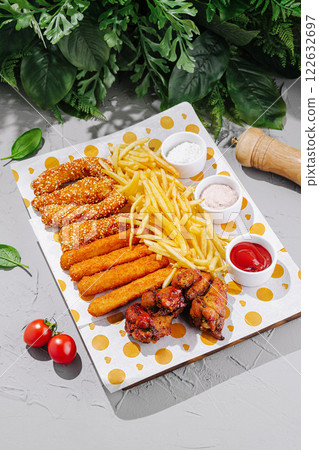 Delicious platter of chicken, fries, and snacks arranged on a colorful plate 122632697