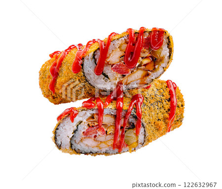Unique rolled sushi dish with crispy coating and vibrant sauce in a creative presentation Unique rolled sushi dish with crispy coating and vibrant sauce in a creative presentation 122632967