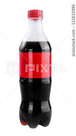Bottle of dark beverage with red label standing upright on a plain background showcasing its simple design and color 122632990