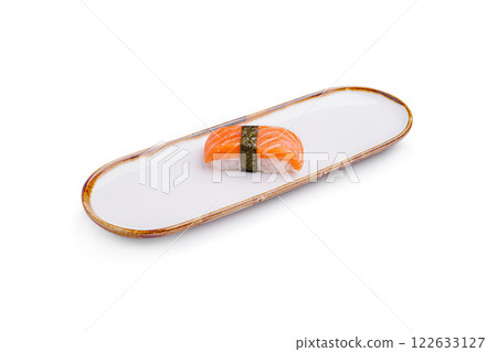 Salmon nigiri served on a simple white plate in a minimalist setting Salmon nigiri served on a simple white plate in a minimalist setting 122633127