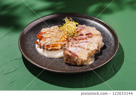Savory grilled meat with creamy sauce and crispy side served on a stylish plate in a vibrant green setting 122633144