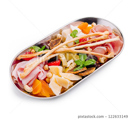 Platter of assorted cured meats, cheeses, and dried fruits prepared for a gourmet tasting experience Platter of assorted cured meats, cheeses, and dried fruits prepared for a gourmet tasting experience 122633149