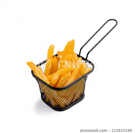 Crispy golden fries served in a small wire basket ready to enjoy 122633180