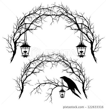 bare tree branches arch with lamps and raven bird halloween vector design set 122633316