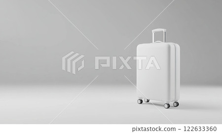 White suitcase on wheels against minimalist grey background 122633360