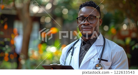 Confident doctor wearing glasses and a white coat, holding a clipboard outdoors with vibrant greenery and sunlight in the background Confident doctor wearing glasses and a white coat, holding a clipboard outdoors with vibrant greenery and sunlight in the background 122633543