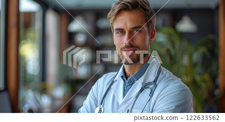 Confident male doctor with a stethoscope, standing in a bright, modern medical facility, exuding professionalism and trustworthiness 122633562