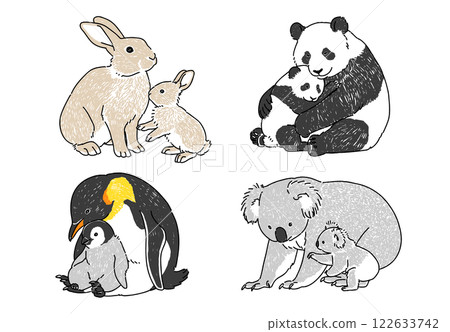 各種動物父母與孩子的手繪插圖集 122633742