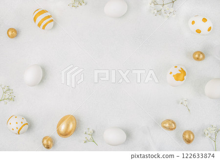 golden Easter eggs on white background, Happy easter poster and banner for greeting text. Top view 122633874