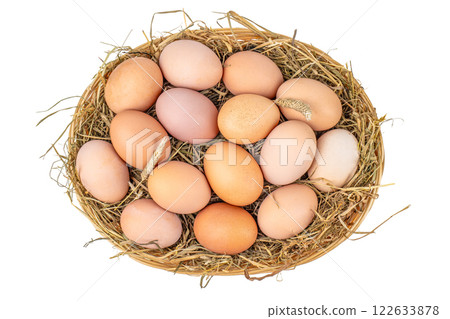 fresh chicken eggs with nest isolated on white background. top view, farmer eggs in chicken eco farm, free range chicken farm fresh chicken eggs with nest isolated on white background. top view, farmer eggs in chicken eco farm, free range chicken farm 122633878