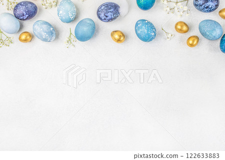 Easter decor concept. Stylish colorful eggs on white background. Happy Easter. top view. copy space 122633883