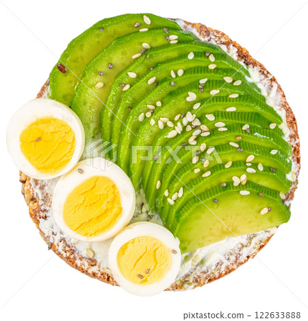 Healthy breakfast toast with avocado and boiled egg isolated on white background, top view Healthy breakfast toast with avocado and boiled egg isolated on white background, top view 122633888
