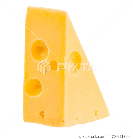 piece of cheese with holes. Emmental cheese triangle, Swiss cheese, isolated on white background piece of cheese with holes. Emmental cheese triangle, Swiss cheese, isolated on white background 122633894