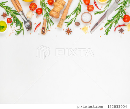 various spices and herbs on white background, copy space. frame composition top view 122633904