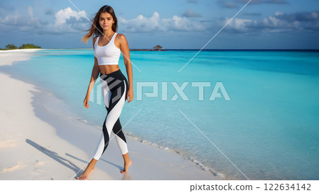 站在白色沙灘上的美麗女模特 122634142