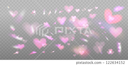 Big set of romantic lens, crystal pink light and flare transparent heart effect elements. Valentine s day Overlay templates. Triangular glass prism concept. Vector eps10 122634152