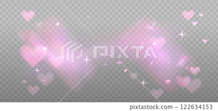 Romantic reflection, pink light prism effect on light background. Hologram glass dispersion, crystal hearts glittering overlay. Vector illustration Romantic reflection, pink light prism effect on light background. Hologram glass dispersion, crystal hearts glittering overlay. Vector illustration 122634153