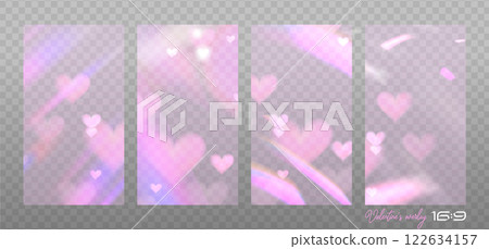 Set of 16x9 romantic overlays with pink lens, crystal light and flare transparent hearts effects. Triangular prism concept. Vector illustration. Rainbow light rays, lens flare, glass reflection effect 122634157