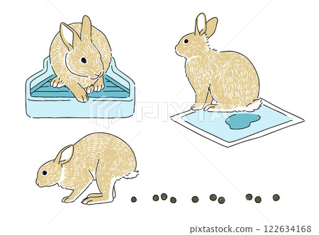 A set of hand-drawn illustrations of rabbits in various poses in the toilet 122634168