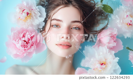 美麗的白種女人和可愛的粉紅色花朵漂浮在水面上。 122634293