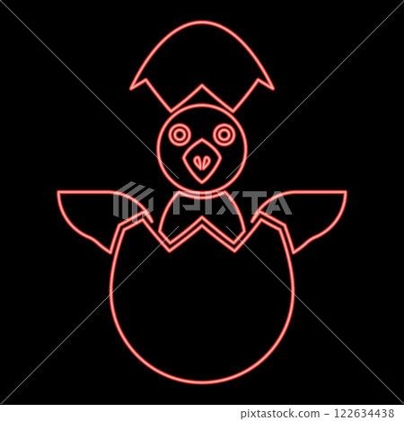Neon chicks hatch from the egg baby bird cracked eggshell red color vector illustration image flat style 122634438