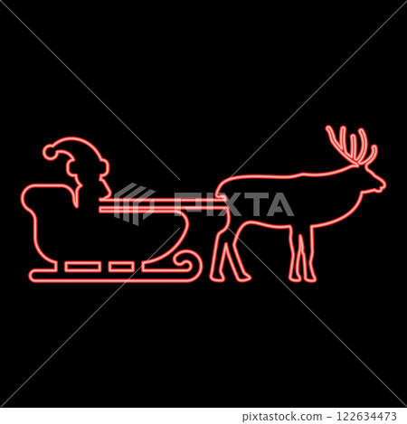 Neon santa Claus in a reindeer wagon chariot with sled red color vector illustration image flat style 122634473