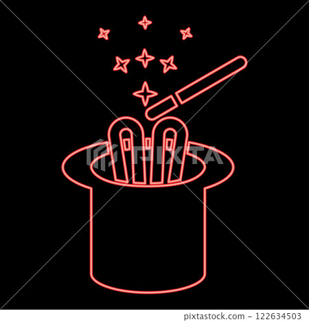 Neon hare ears in wizard's hat magic wand wizard conjure cylinder bunny rabbit appearing trick concept red color vector illustration image flat style 122634503