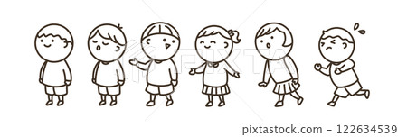 Simple illustration of children lining up - line drawing 122634539