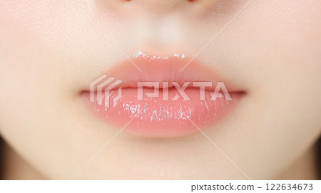 Close-up of young Asian woman's lips. Cute mouth with moisturized natural pink lipstick. 122634673