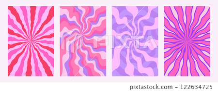 Abstract psychedelic radial wavy stripe pattern set. Groovy sunburst backgrounds pink colors. Trendy twisted funky vector texture in abstract y2k style. Vector graphic for posters and art prints 122634725