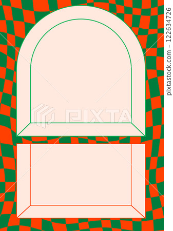 Groovy checkerboard pattern with arch frame. Abstract psychedelic checkered Retro background. Trendy vector frame in abstract y2k style. Vector graphic for posters and art prints 122634726